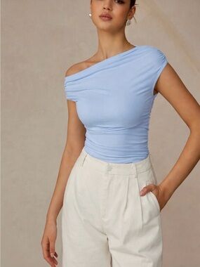 Commense Light Blue One Off Shoulder Ruched Tank Top
